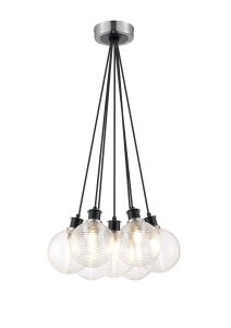 Salas 1.3m Round Cluster Pendant, 7 Light E14 With 15cm Round Ribbed Glass Shade, Satin Nickel, Clear & Satin Black