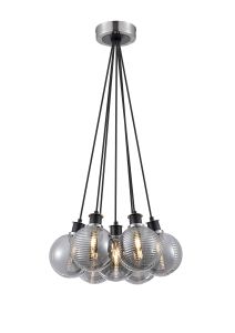 Salas 1.3m Round Cluster Pendant, 7 Light E14 With 15cm Round Double Textured Smooth/Ribbed Glass Shade, Satin Nickel, Smoke Plated & Black