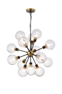Salas Pendant, 14 Light E14 With 15cm Round Crackled Glass Shade, Brass, Clear & Satin Black