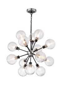 Salas Pendant, 14 Light E14 With 15cm Round Ribbed Glass Shade, Satin Nickel, Clear & Satin Black
