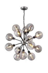 Salas Pendant, 14 Light E14 With 15cm Round Double Textured Smooth / Ribbed Glass Shade, Satin Nickel, Smoke Plated & Satin Black