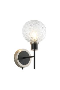 Salas Switched Wall Light, 1 Light E14 With 15cm Round Textured Crumple Glass Shade, Satin Nickel, Clear & Satin Black