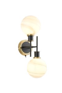 Salas Switched Wall Light, 2 Light E14 With 15cm Round White & Grey Marble Effect Glass Shade, Brass & Satin Black Framework