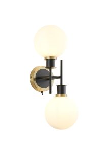 Salas Switched Wall Light, 2 Light E14 With 15cm Round Glass Shade, Brass, Opal & Satin Black