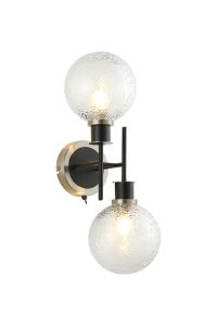 Salas Switched Wall Light, 2 Light E14 With 15cm Round Dimpled Glass Shade, Satin Nickel, Clear & Satin Black