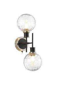 Salas Switched Wall Light, 2 Light E14 With 15cm Round Textured Melting Glass Shade, Satin Nickel, Clear & Satin Black