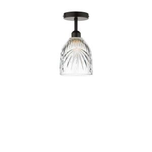 Riva 1 Light E27 Black Semi Flush Ceiling Fixture C/W Clear Cut Glass Shade With Palm Leaf-Style Engravings