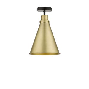Riva 1 Light E27 Black Semi Flush Ceiling Fixture C/W Aged Brass Metal Cone Shaped Shade