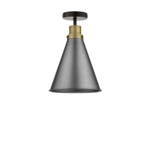 Riva 1 Light E27 Black Semi Flush Ceiling Fixture C/W Aged Brass With Antique Chrome Metal Cone Shaped Shade