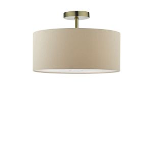 Riva 1 Light E27 Antique Brass Semi Flush Ceiling Fixture C/W Taupe Faux Silk 40cm Drum Shade With Soft White Acrylic Diffuser