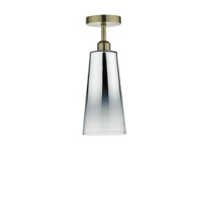 Riva 1 Light E27 Antique Brass Semi Flush Ceiling Fixture C/W Smoked Mirror Cone Shaped Glass Shade