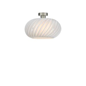 Edie 1 Light E27 Antique Chrome Semi Flush C/W White 30cm Shade With A Curve & Slanting Design