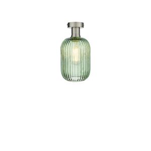 Edie 1 Light E27 Antique Chrome Semi Flush C/W Green Ribbed Glass Shade