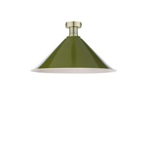 Edie 1 Light E27 Antique Brass Semi Flush C/W Olive Green Metal Shade With White Inner