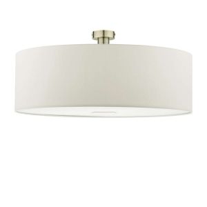 Edie 1 Light E27 Antique Brass Semi Flush C/W White Smooth Faux Silk 60cm Drum Shade With Soft White Acrylic Diffuser