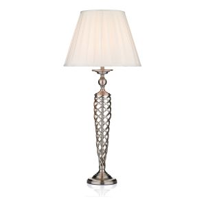 Siam 1 Light E27 Satin Chrome Woven Open Metal Table Lamp With Inline Switch C/W White Cotton Pleated Tapered Drum Shade