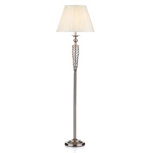 Siam 1 Light E27 Satin Chrome Woven Open Metal Floor Lamp With Inline Foot Switch C/W White Cotton Pleated Tapered Drum Shade