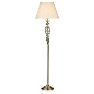 Siam 1 Light E27 Antique Brass Woven Open Metal Floor Lamp With Inline Foot Switch C/W White Cotton Pleated Tapered Drum Shade