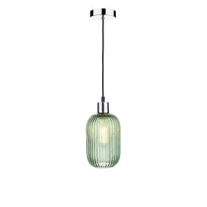 Tonga 1 Light E27 Chrome & Black Adjustable Pendant C/W Green Ribbed Glass Shade