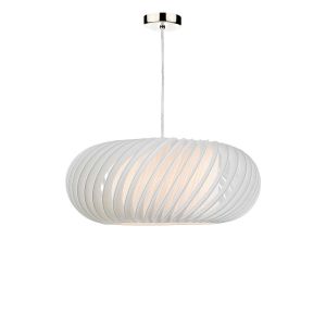 Tonga 1 Light E27 Satin Chrome Adjustable Pendant C/W White 50cm Shade With A Curve & Slanting Design