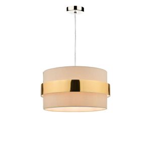 Tonga 1 Light E27 Satin Chrome Adjustable Pendant C/W Taupe Cotton Shade With Gold Band Finish