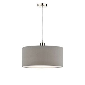 Tonga 1 Light E27 Satin Chrome Adjustable Pendant C/W Slate Grey Faux Silk 40cm Drum Shade With Soft White Acrylic Diffuser