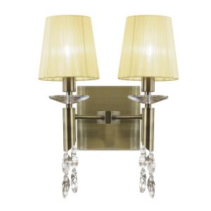 Tiffany Wall Lamp Switched 2+2 Light E14+G9, Antique Brass With Cream Shades & Clear Crystal