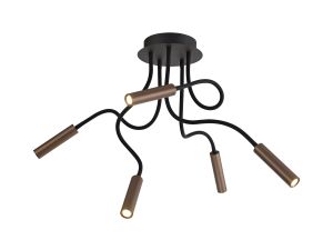 Tudor Ceiling, 5 Light Adjustable Arms, 5 x 5W LED Dimmable, 3000K, 1550lm, Black/Satin Copper, 3yrs Warranty