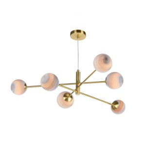 Vignette 6 Light G9 Aged Brass Adjustable Pendant Ceiling C/W Planet Style Glass Shade