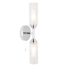 Xila 2 Light G9 Polished Chrome IP44 Bathroom Wall Light With Pull Cord C/W Clear Ribbed With Frosted Inner Glass Shades