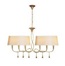 Paola Linear Pendant 2 Arm 6 Light E14, Gold Painted With Ccrain Shades & Amber Glass Droplets (3541)