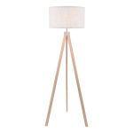 Armitage 1 Light E27 Light Wood Tripod Floor Lamp With Inline Switch C/W Natural Linen 45cm Drum Shade