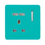 Trendi, Artistic Modern 1 Gang 13Amp Switched Socket WIth 2 x USB Ports Bright Teal Finish, BRITISH MADE, (35mm Back Box Required), 5yrs Warranty