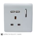 Trendi, Artistic Modern 1 Gang 13Amp Switched Socket WIth 2 x USB Ports Silver Finish, BRITISH MADE, (35mm Back Box Required), 5yrs Warranty