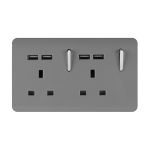 Trendi, Artistic 2 Gang 13Amp Switched Double Socket With 4X 2.1Mah USB Light Grey Finish, BRITISH MADE, (45mm Back Box Required), 5yrs Warranty