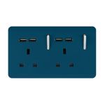 Trendi, Artistic 2 Gang 13Amp Switched Double Socket With 4X 2.1Mah USB Midnight Blue Finish, BRITISH MADE, (45mm Back Box Required), 5yrs Warranty