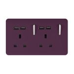 Trendi, Artistic 2 Gang 13Amp Switched Double Socket With 4X 2.1Mah USB Plum Finish, BRITISH MADE, (45mm Back Box Required), 5yrs Warranty