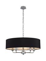 Banyan 5 Light Multi Arm Pendant, With 1.5m Chain, E14 Polished Chrome With 60cm x 15cm Faux Silk Shade, black