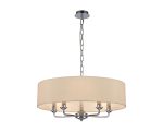 Banyan 5 Light Multi Arm Pendant, With 1.5m Chain, E14 Polished Chrome With 60cm x 15cm Faux Silk Shade, Ivory Pearl/White Laminate
