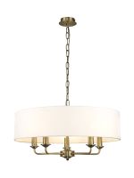 Banyan 5 Light Multi Arm Pendant, With 1.5m Chain, E14 Antique Brass With 60cm x 22cm Faux Silk Shade, White