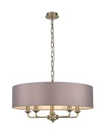 Banyan 5 Light Multi Arm Pendant, With 1.5m Chain, E14 Antique Brass With 60cm x 15cm Faux Silk Shade, Grey