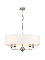 Banyan 5 Light Multi Arm Pendant, With 1.5m Chain, E14 Satin Nickel With 60cm x 15cm Faux Silk Shade, White