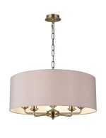 Banyan 5 Light Multi Arm Pendant, With 1.5m Chain, E14 Antique Brass With 60cm x 22cm Faux Silk Shade, Grey/White Laminate