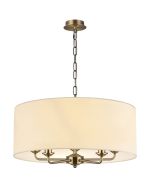 Banyan 5 Light Multi Arm Pendant, With 1.5m Chain, E14 Antique Brass With 60cm x 22cm Faux Silk Shade, Ivory Pearl/White Laminate