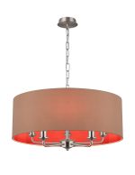 Banyan 5 Light Multi Arm Pendant, With 1.5m Chain, E14 Satin Nickel With 60cm x 22cm Dual Faux Silk Shade, Antique Gold/Ruby