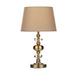 Edith 1 Light E14 Antique Brass 3 Stage Touch Table Lamp With Faceted Crystal C/W Taupe Faux Silk Tapered Drum Shade