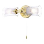 Elba 2 Light G9 Polished Gold Bathroom IP44 Wall Light With Pull Cord Switch C/W Outer Clear Ribbed Shade & Frosted Inner Shade
