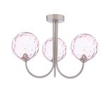Jared 3 Light G9 Satin Nickel Semi Flush Ceiling Fitting C/W Pink Dimpled Glass Shades