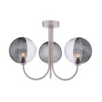 Jared 3 Light G9 Satin Nickel Semi Flush Ceiling Fitting C/W 15cm Smoked & Clear Ribbed Glass Shades