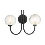 Jared 2 Light G9 Matt Black Wall Light With Pull C/W Clear Closed Ribbed Glass Shades